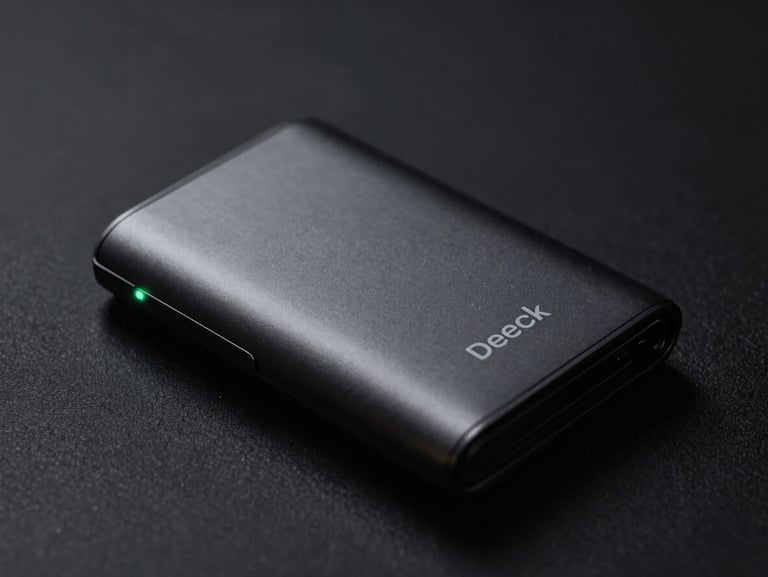 Sleek hardware wallet interface design, minimal monochrome typography, glowing green status indicator, dark background.