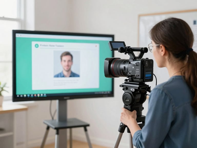 A teacher recording an innovative digital learning module in a bright studio, professional camera setup visible, 35mm lens