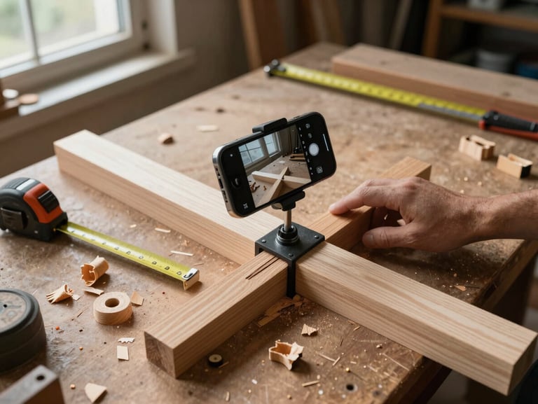 Overhead view of a carpenter's workbench — a smartphone propped on a clamp filming close-up joinery work, timber offcuts and a tape measure surrounding it, honest workshop light from a side window