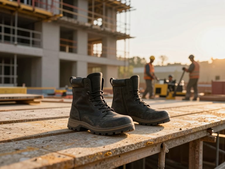 Wide shot of a building site at golden hour — branded workwear boots on scaffold planking in the foreground, blurred construction activity behind, warm late-afternoon daylight raking across the scene