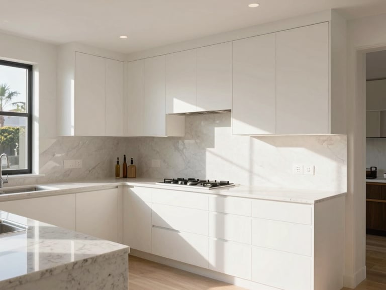 A bright modern kitchen remodel with clean quartz countertops and custom cabinetry, soft morning light
