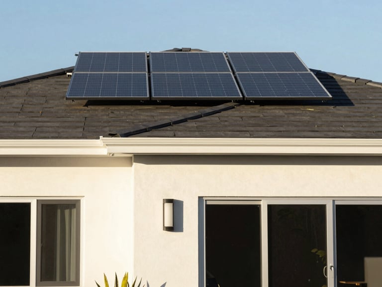 A clean modern house exterior showing crisp paint lines and solar panels on a dark roof, bright afternoon sun