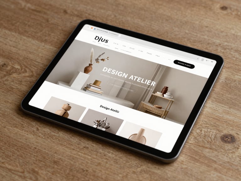 Clean flat-lay desktop browser mockup displaying an e-commerce interface for a design atelier, warm tones, generous whitespace