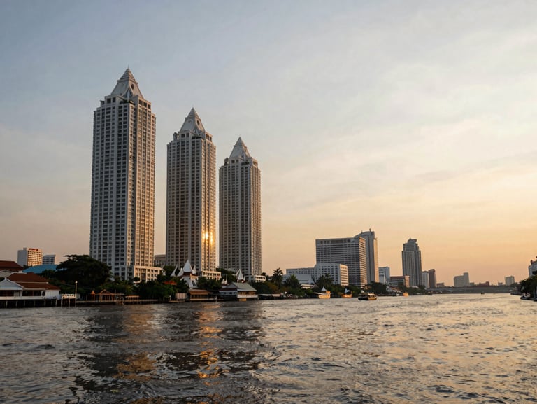 Wide shot of Bangkok's Chao Phraya riverside at golden hour, luxury residential towers rising on the left bank, water reflecting warm light, low horizon, expansive sky, no people, establishing and authoritative framing