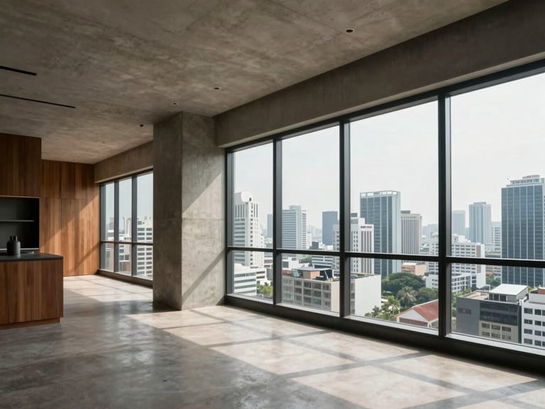 Wide interior of a Bangkok penthouse, floor-to-ceiling windows on the right revealing the city below, natural north-facing daylight flooding a minimal living space, concrete and warm timber finishes in sharp architectural detail, no people, no styling