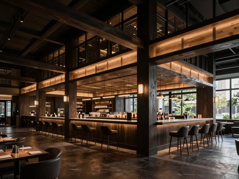 Wide environmental shot of a high-end hospitality venue interior, architectural lighting highlighting structural details, deep shadows.