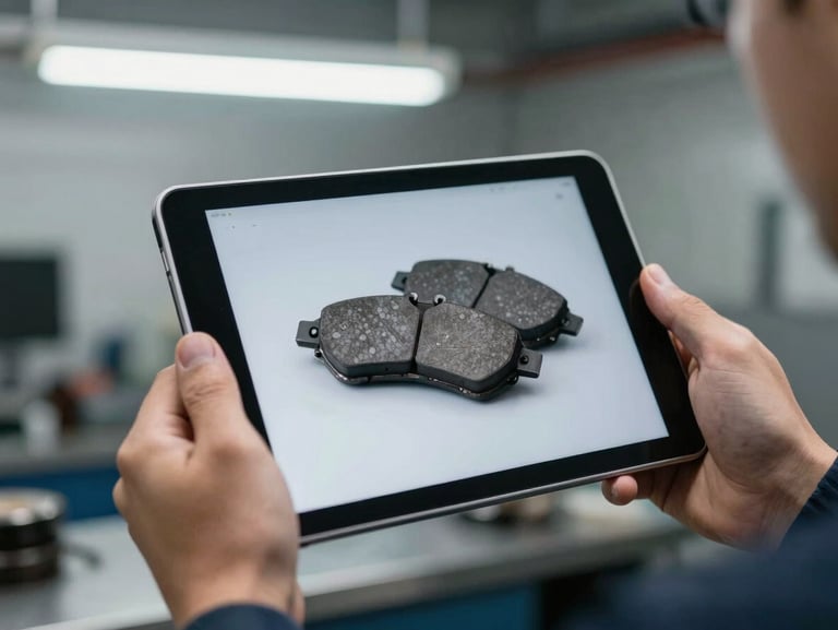Close-up shot of a mechanic holding a tablet showing a clear video diagnostic of a worn brake pad, bright workshop LED lighting, clean hands, industrial setting.