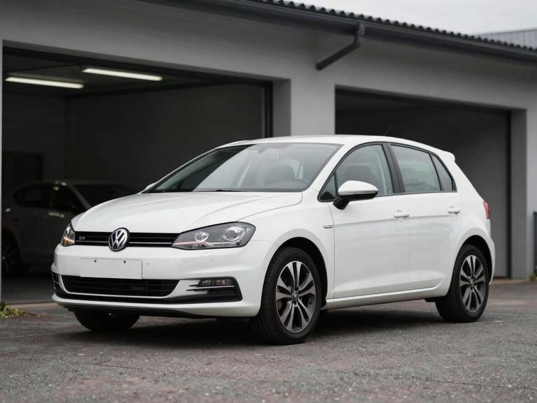 Realistic unedited outdoor photo of a clean white compact hatchback car parked in front of the garage under overcast daylight, no filters.