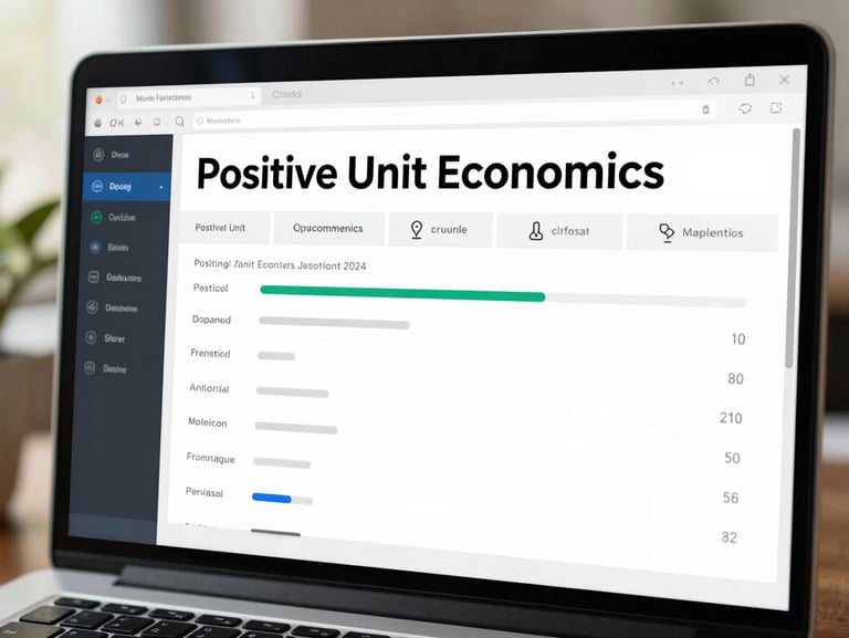 Annotated screenshot of a marketing dashboard showing positive unit economics, high contrast, clean data visualization, bright natural lighting.