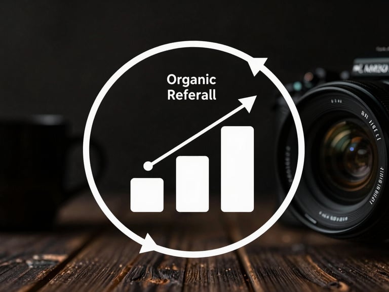 Stylized, minimalist diagram of a user acquisition growth loop showing organic referral mechanics and viral coefficient tracking, high contrast.
