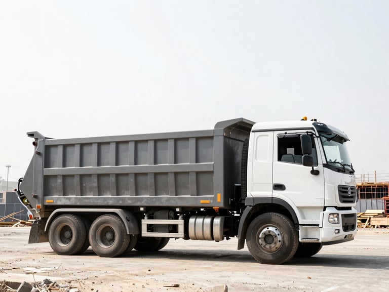 A heavy-duty diesel roll-off truck in motion, swapping a steel dumpster on an active construction site, overcast high-contrast sky, sharp details