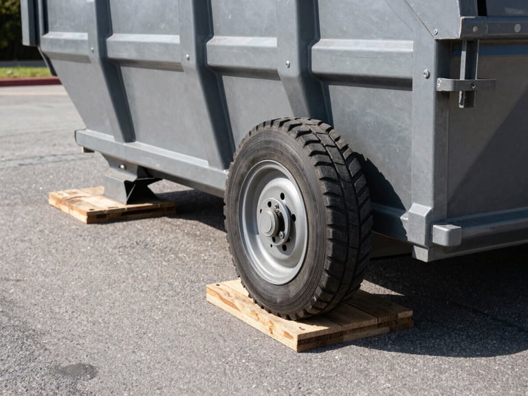 Close-up of a heavy-duty steel dumpster wheel resting on thick protective wooden boards on a clean asphalt driveway, sharp industrial photography, high contrast