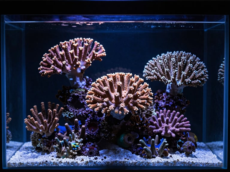 Macro photograph of vibrant, healthy living coral and exotic marine life inside a pristine, custom-built aquarium, dramatic high-contrast lighting, deep ocean tones