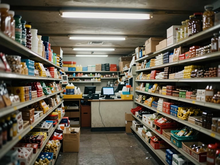 Wide environmental shot of a small Colombian market interior, product shelves stocked with goods, warm overhead fluorescent light, POS terminal visible at the counter mid-transaction, documentary style