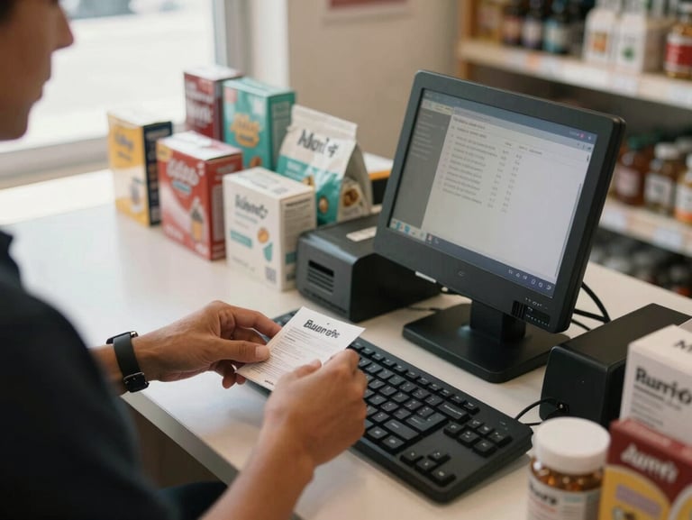 Close-up overhead view of a retail shop counter with products arranged by category, cashier hands scanning an item, warm natural daylight from a side window, POS screen showing active sale, documentary framing