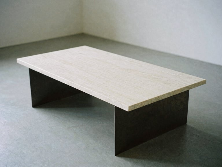 Sculptural coffee table made of solid travertine and dark steel, dramatic side shadows, minimalist concrete interior, medium format film.