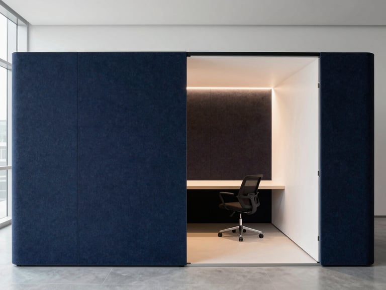 Minimalist workspace pod in situ, acoustic felt paneling, integrated warm LED lighting, architectural daylight, contemporary office setting.