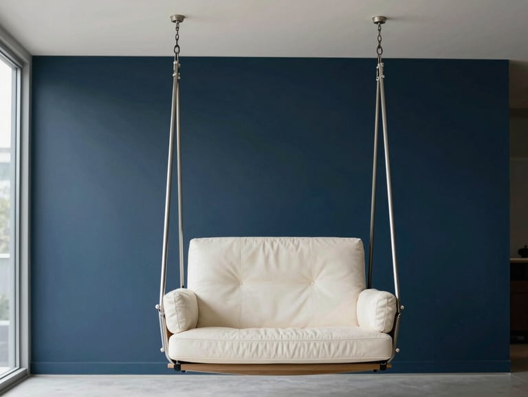 Premium swing chair suspended from a minimalist ceiling, brushed steel hardware, soft cream leather upholstery, soft architectural daylight.