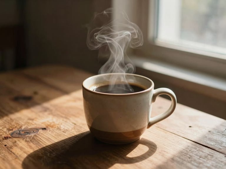 Warm low-angle morning sun streaming through a window onto a rustic wooden table with a steaming ceramic mug of coffee, shallow depth of field, rich earthy tones