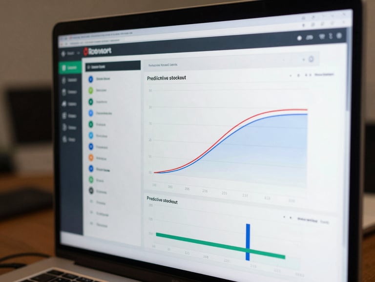 Data visualization dashboard tracking inventory levels and predictive stockout curves, modern enterprise interface