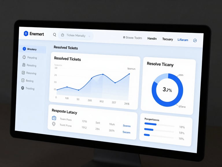 UI mockup of an AI customer support dashboard showing resolved tickets and response latency metrics, clean light-blue theme