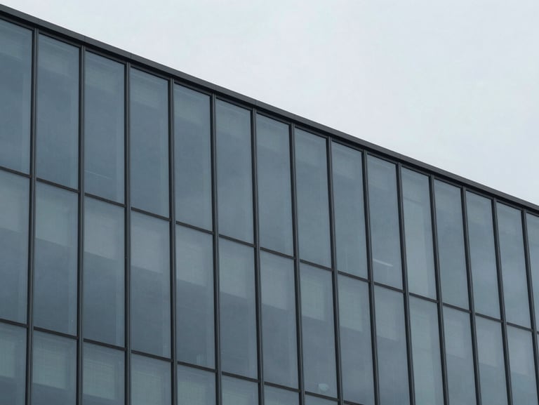 Abstract geometric pattern of glass facade panels under a slate gray sky, sharp focus, desaturated tones