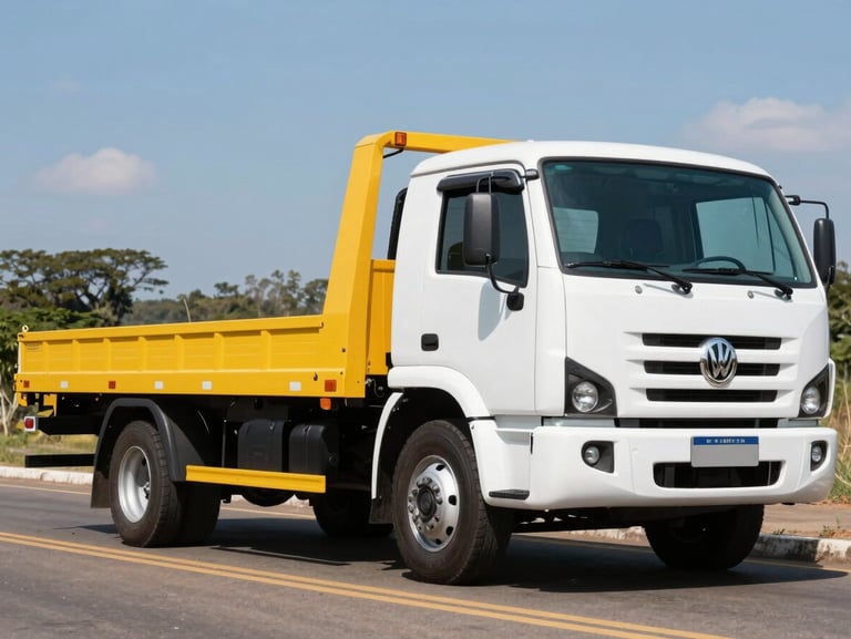 Dynamic low-angle shot of a clean white Volkswagen 8-150 flatbed tow truck with a bright yellow platform parked on a Brazilian roadside under bright daylight, sharp focus, 35mm lens.