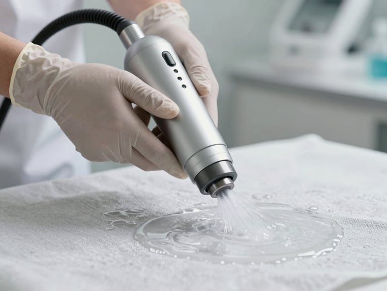 Hands in protective gloves using a high-tech extraction wand on a clean fabric surface, showing clean water spray and deep suction, clinical lighting.
