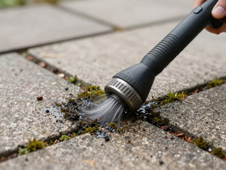 Extreme close-up of a high-pressure washer nozzle removing dark moss and grime from a light stone patio pavement.