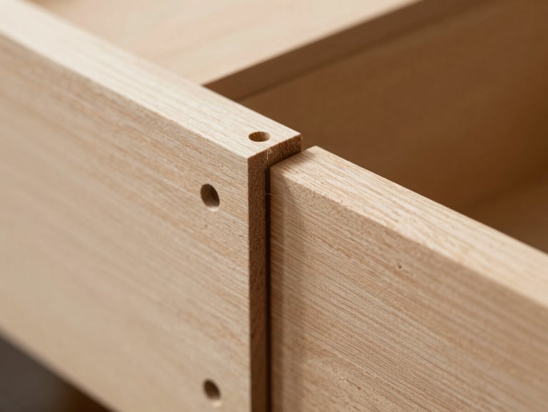 Macro close-up of a dovetail drawer joint in light maple wood, clean natural lighting, showing precise craftsmanship.