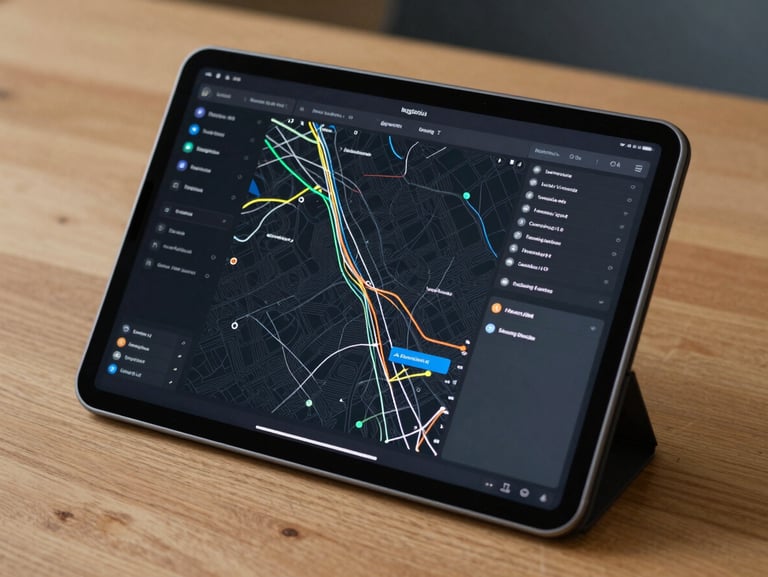 A physical Android tablet mounted on a clean wooden desk, displaying a complex real-time logistics map with sharp vector lines and dark mode Material UI.