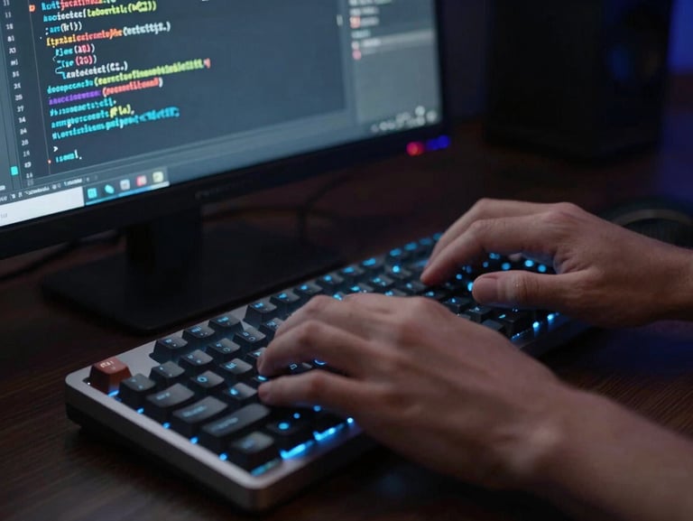 Macro shot of hands typing on a mechanical keyboard in a dark room, illuminated only by the glow of a monitor displaying clean Kotlin code snippets in an IDE.