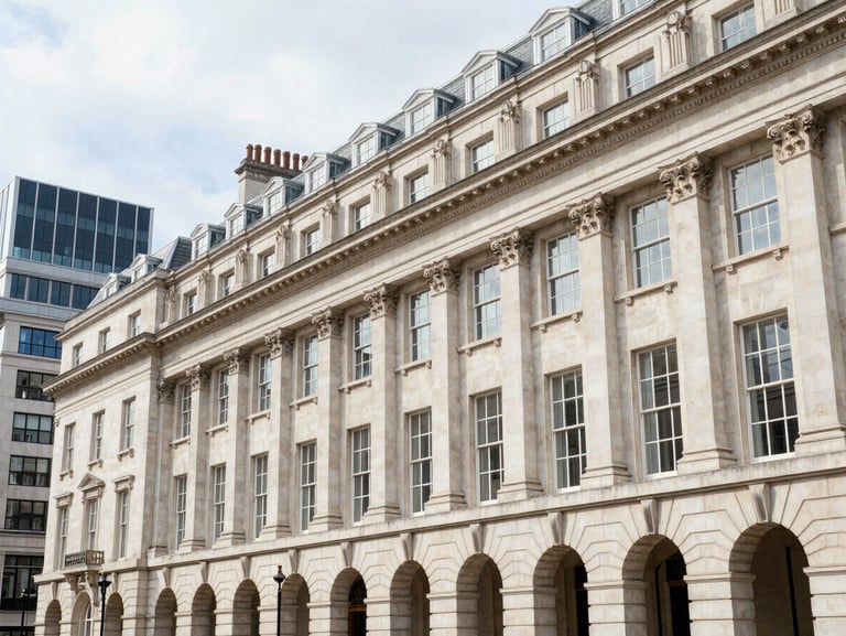 Classic London streetscape with historic stone architecture and modern buildings under bright window light, clean corporate style, 35mm lens