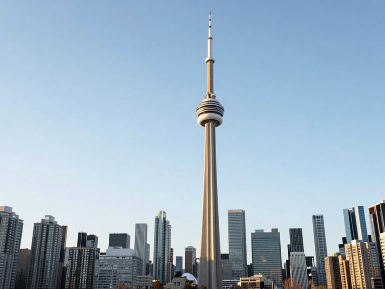 Sharp architectural shot of downtown Toronto skyline, CN Tower under clean bright daylight, editorial corporate photography style, 35mm lens