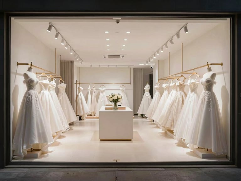 Landscape framing, wide-angle shot of a pristine high-end boutique interior with curated bridal collections, generous negative space.