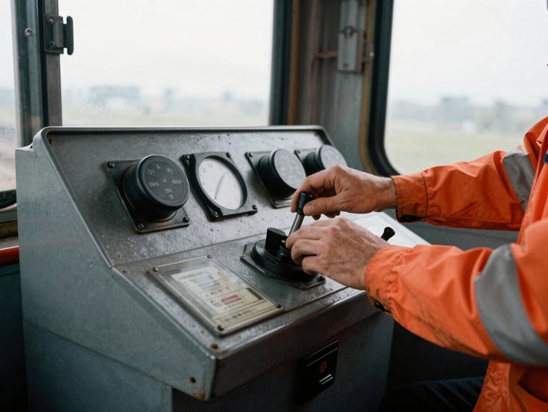 Hands of a locomotive engineer adjusting controls on a weathered steel control stand inside a train cab, high-contrast industrial lighting.