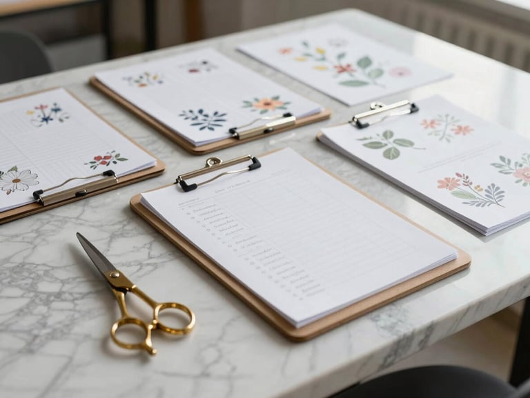 Diffused natural light on a clean marble studio table with organized clipboards, brass shears, and structured floral prep sheets.