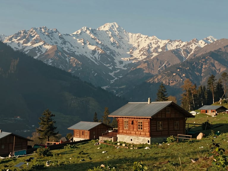 Cinematic landscape of Kashmir valley, snow-capped mountains in the background under bright natural daylight, traditional wooden house nestled in greenery.