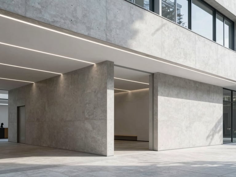 Interior renovation of a modern commercial office space, exposed concrete walls, clean architectural lighting, sharp details