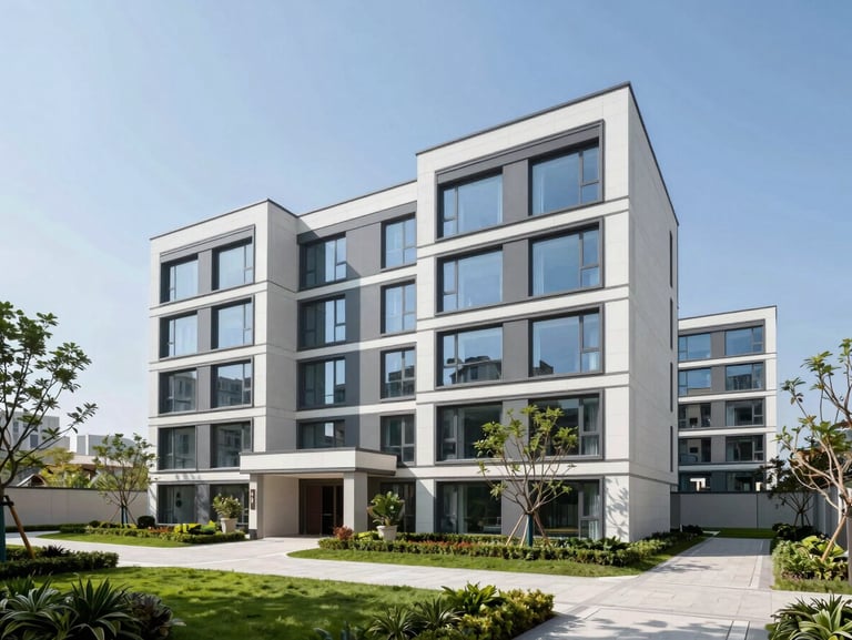 Clean, modern residential apartment building exterior with large windows and manicured landscaping under clear sky