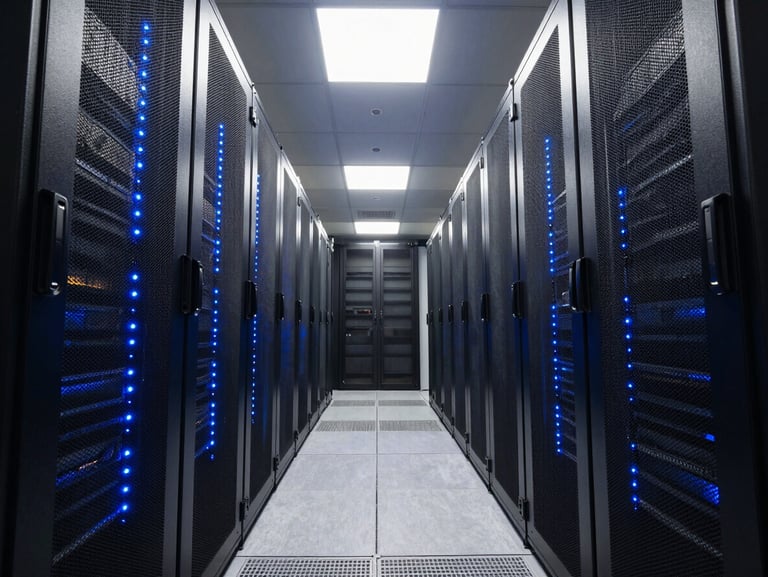 Wide overhead shot of a server rack room corridor, electric-blue LED indicator strips running along black rack units, cool white fluorescent ceiling lights casting sharp shadows on brushed steel surfaces, architectural symmetry with deep perspective depth