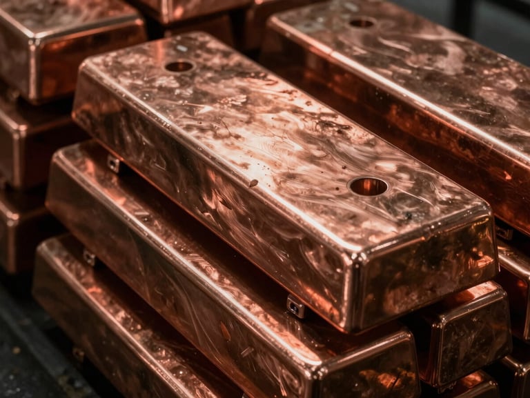 Extreme close-up of raw industrial copper ingots stacked in a shipping hub, high-contrast chiaroscuro lighting, deep shadows, sharp focus, stark editorial photography