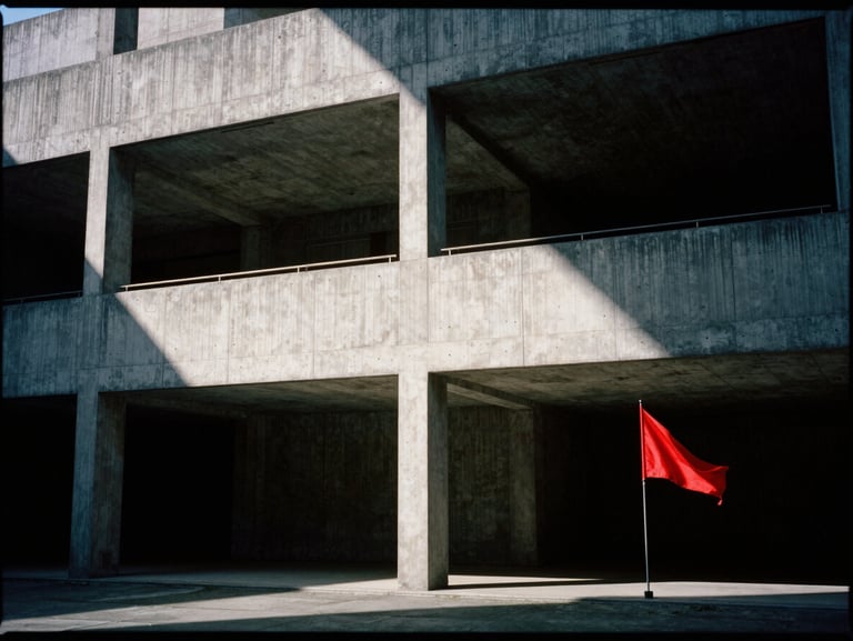 Stark architectural view of a brutalist concrete assembly hall, sharp directional light casting deep diagonal shadows, crimson accent flags, 35mm film grain, minimalist framing
