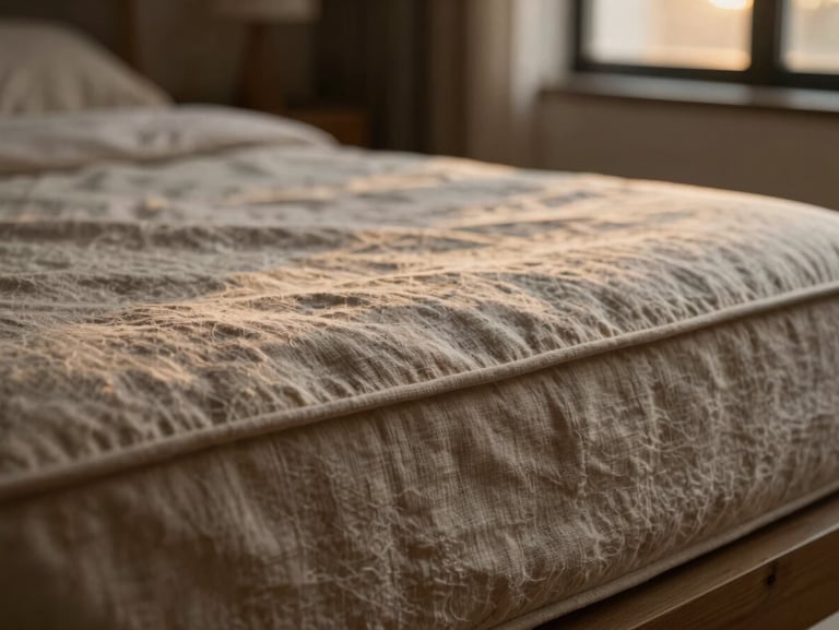 Tactile close-up of natural linen bedding on an organic mattress, soft warm amber evening light, shallow depth of field, 35mm