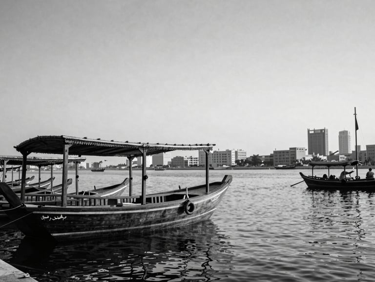 Archival black and white style photograph of historic Dubai Creek with traditional wooden dhows, soft desert light, elegant and respectful framing.