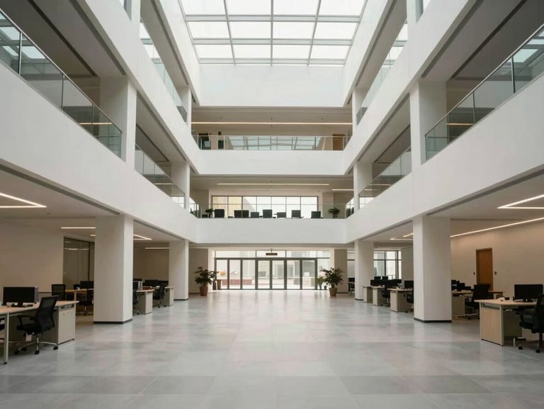Symmetrical architectural interior of an organized modern office space with clean structural lines and soft daylight.