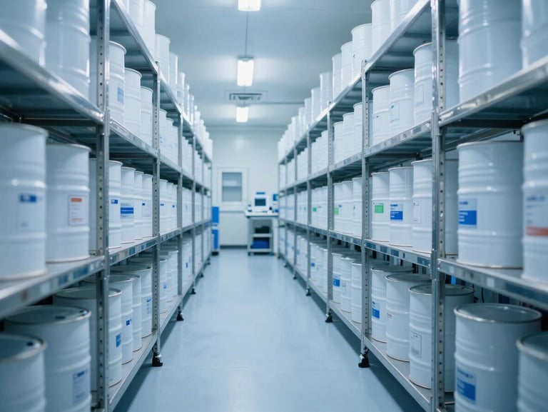 Wide-angle cleanroom warehouse logistics facility, high-contrast cool clinical blue lighting, stainless steel storage racks, organized chemical drums