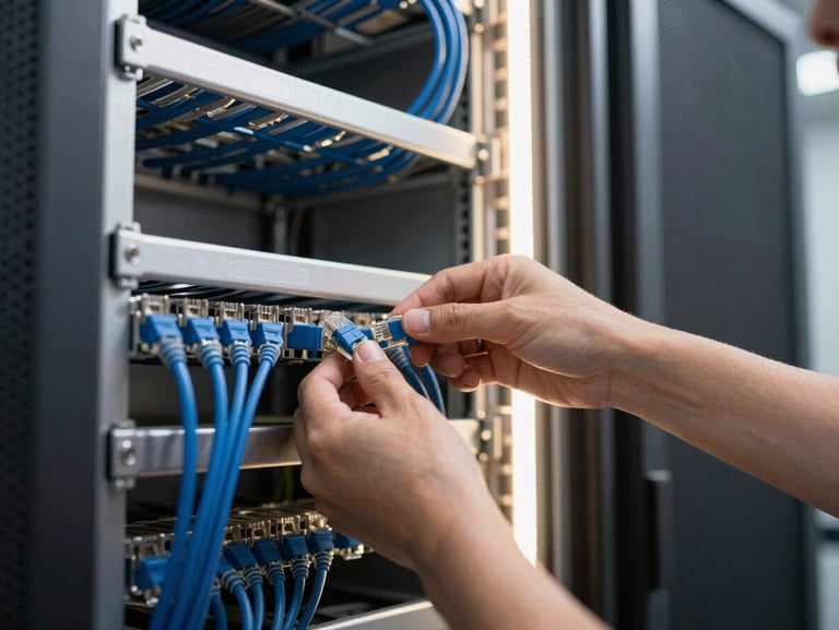 A certified network technician neatly organizing blue ethernet patch cables inside a wall-mounted server rack, bright work light illuminating the metallic frame.