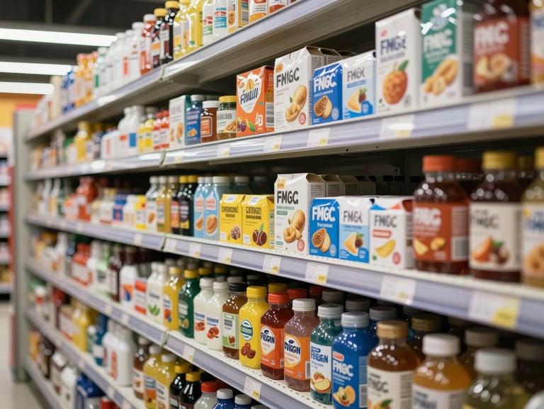 A close-up, high-density shot of organized retail shelves in a modern supermarket, showcasing perfectly aligned FMCG products with bright, professional commercial lighting.
