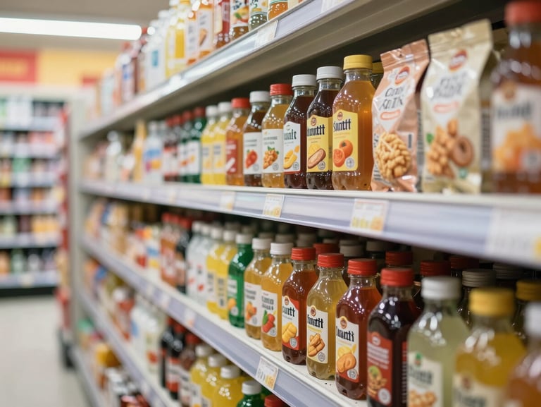 Close-up macro shot of neatly organized retail shelves in a modern Indonesian supermarket, beverage and snack SKU packages perfectly aligned, bright commercial lighting, crisp focus on product display.